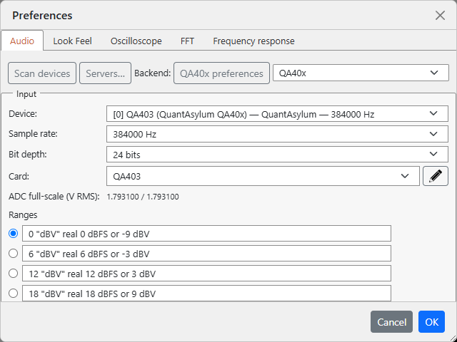 Preferences - Audio tab with the QA40x backend selected